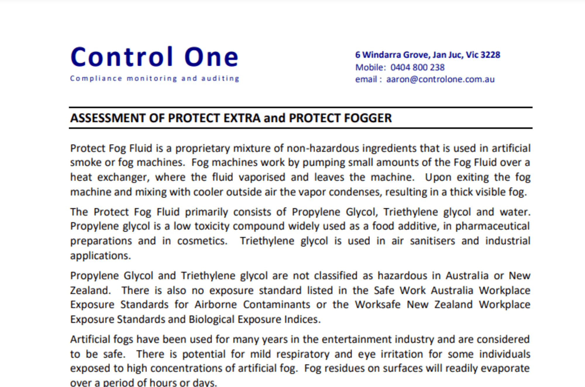 fog fluid assessment